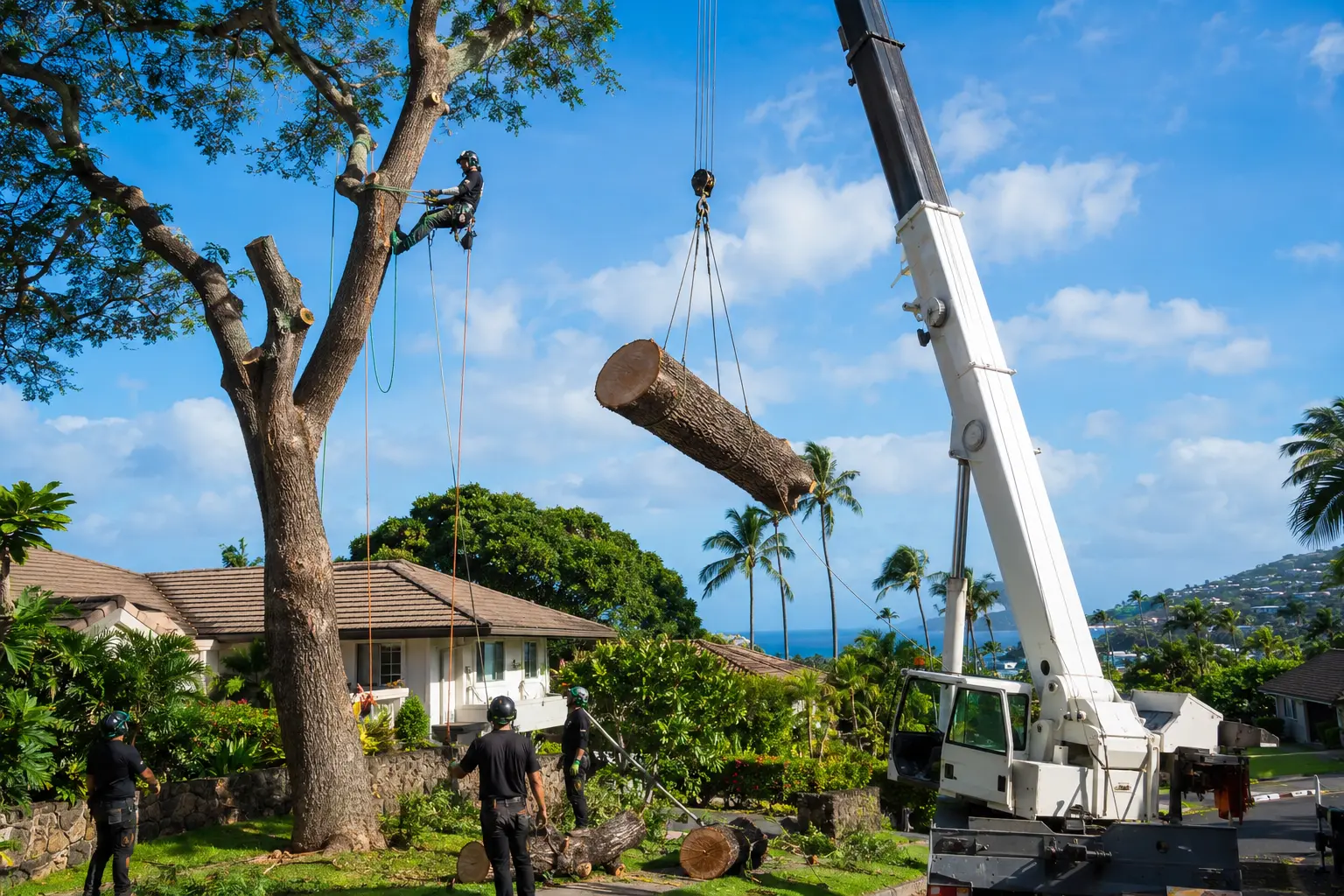 Crew rigging a large tree for controlled removal in Honolulu